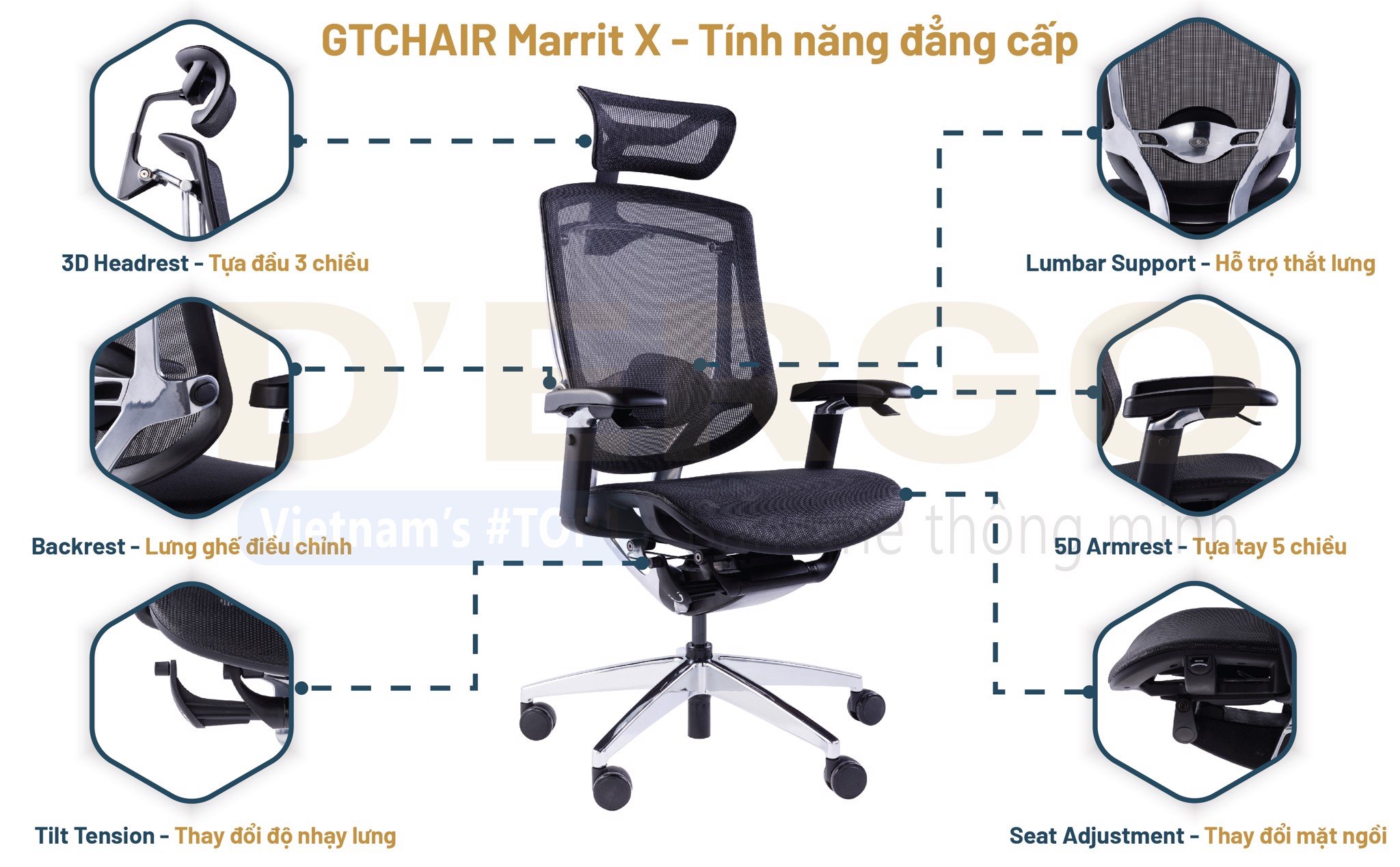 Tính năng thái công học cao cấp của ghế Ergonomic GTChair Marrit