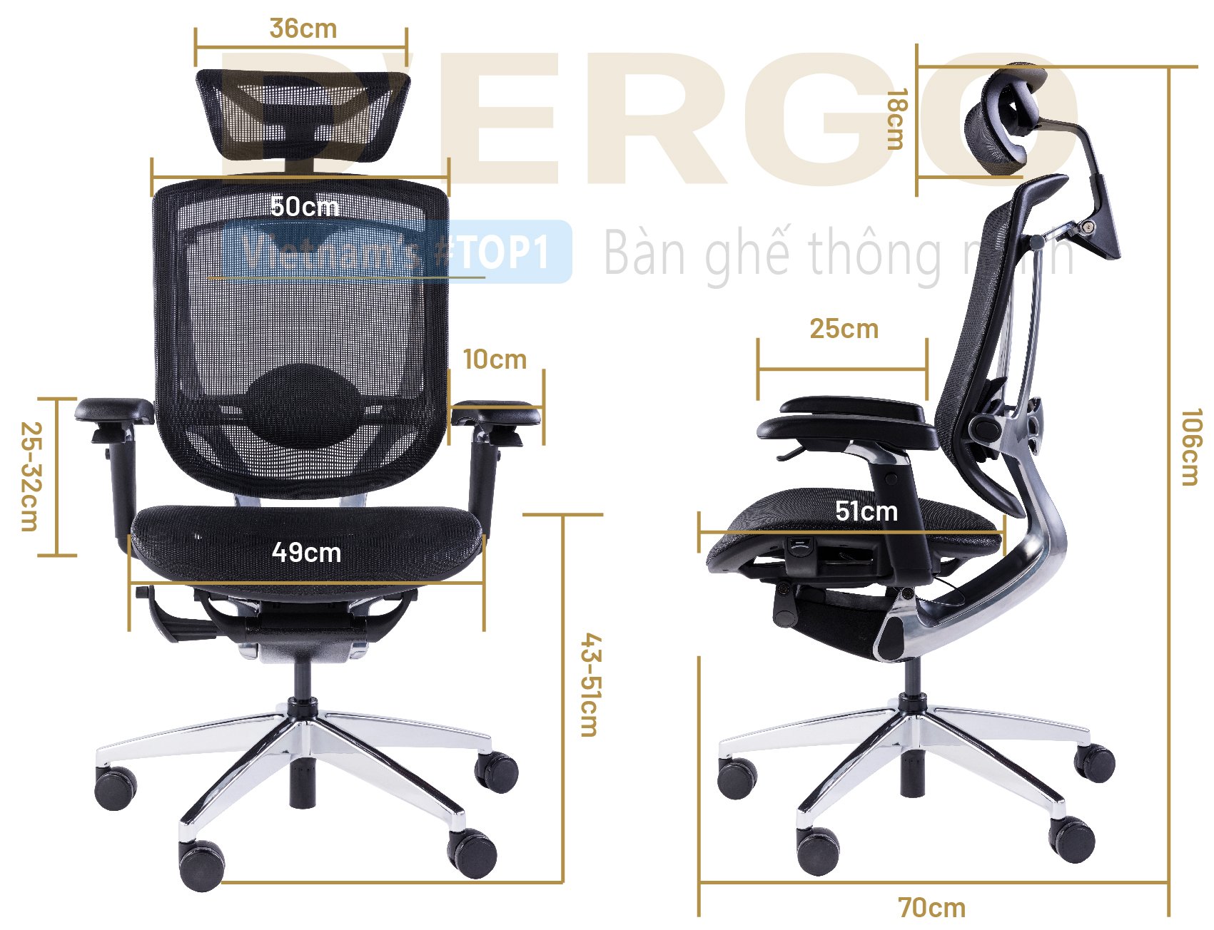Thông số kỹ thuật và kích thước của ghế Ergonomic GTChair Marrit